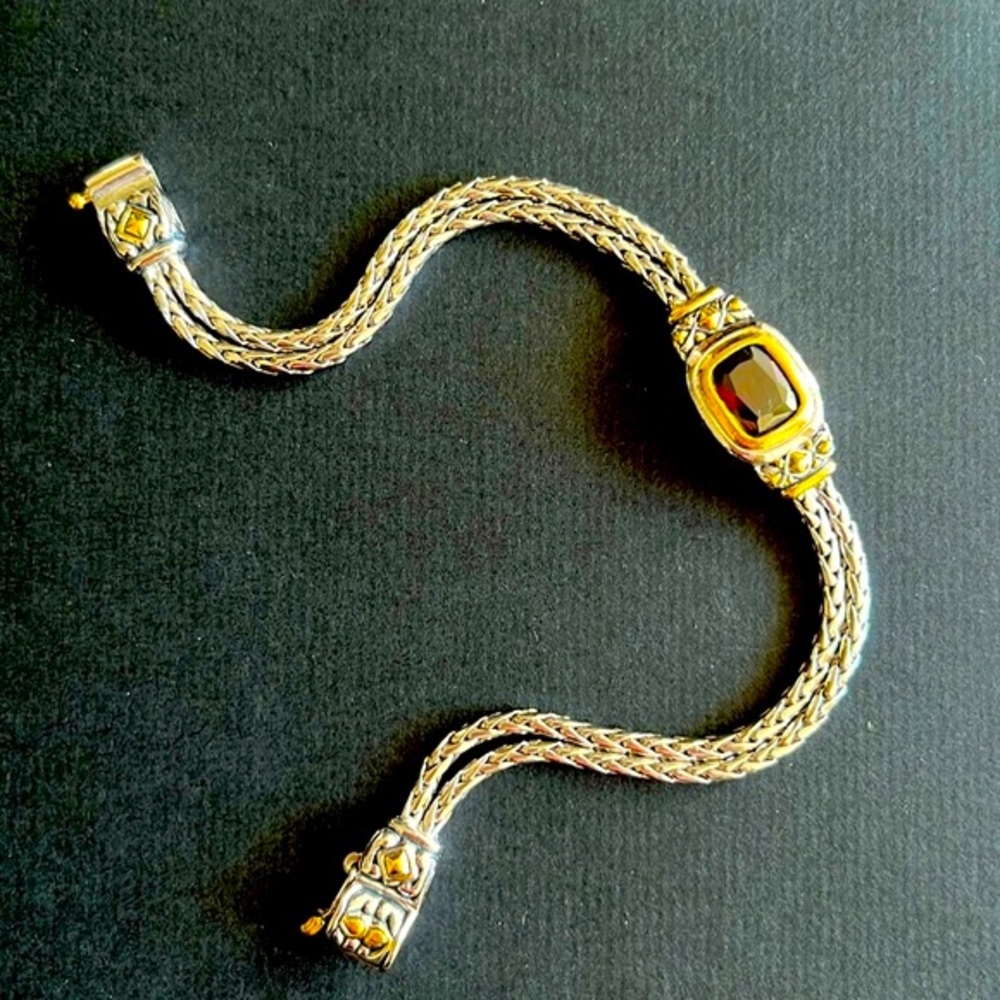 John Medeiros Garnet and Crystal double strand mixed metal Statement Bracelet